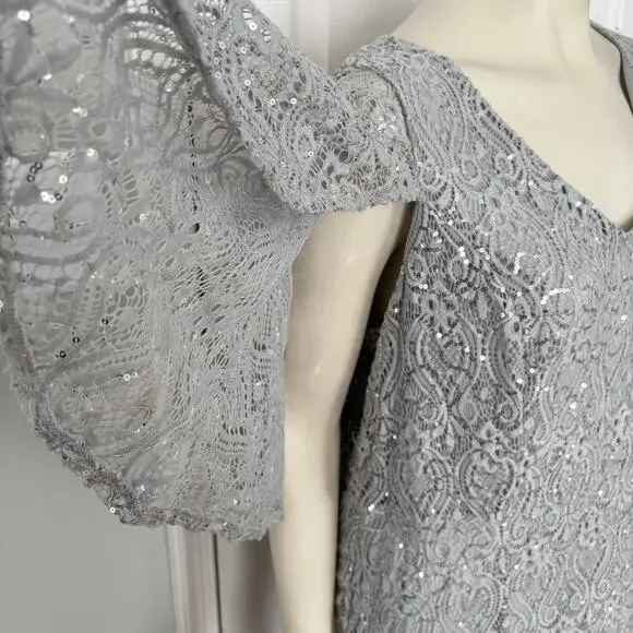 MARINA Silver Sequins & Lace Formal Maxi DressWeddingSZ 18W